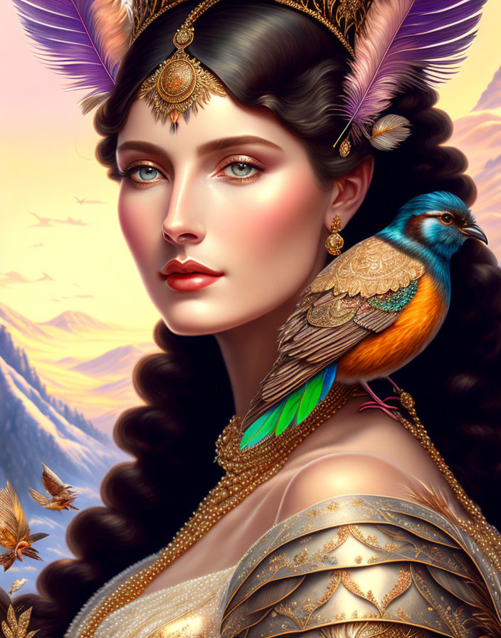 Illustrated woman with golden headpiece and bird against mountain backdrop