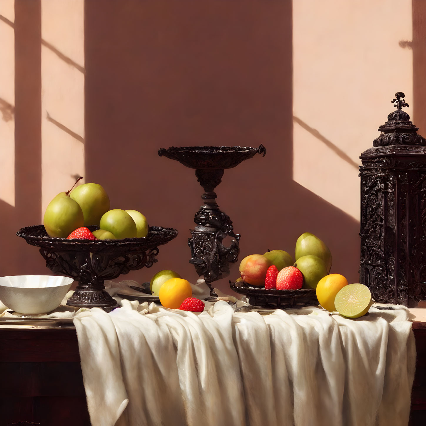 Assorted fruits on dark pedestals with white cloth, peach-colored wall.