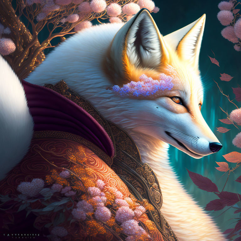 Majestic fox with human-like eyes in ornate cloak among pink flowers