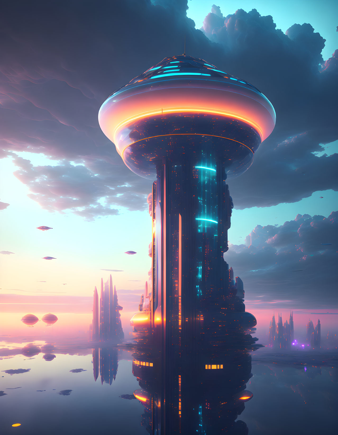 Futuristic glowing tower in twilight sky with water reflection