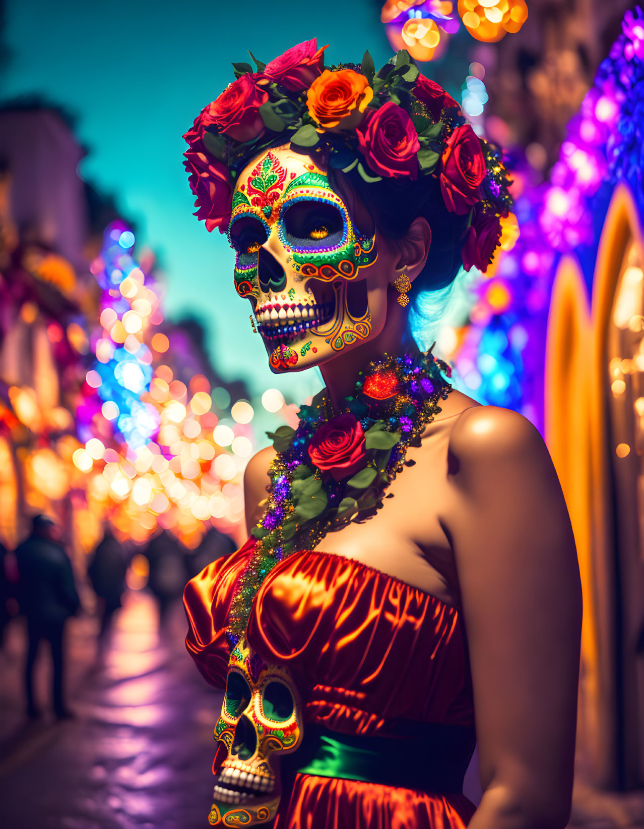 Skull-painted person in vibrant costume amid festive lights