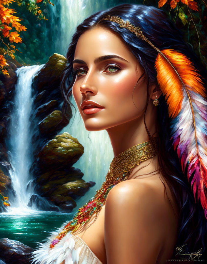 Digital artwork: Woman with vibrant feather accessories by lush waterfall