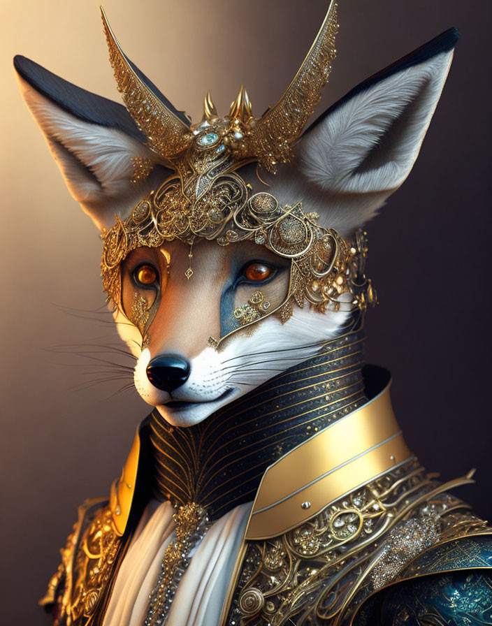 Digital Fox Character in Golden Armor and Crown on Gradient Background