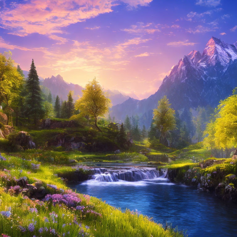 Tranquil landscape with waterfall, river, meadows, trees, and mountains