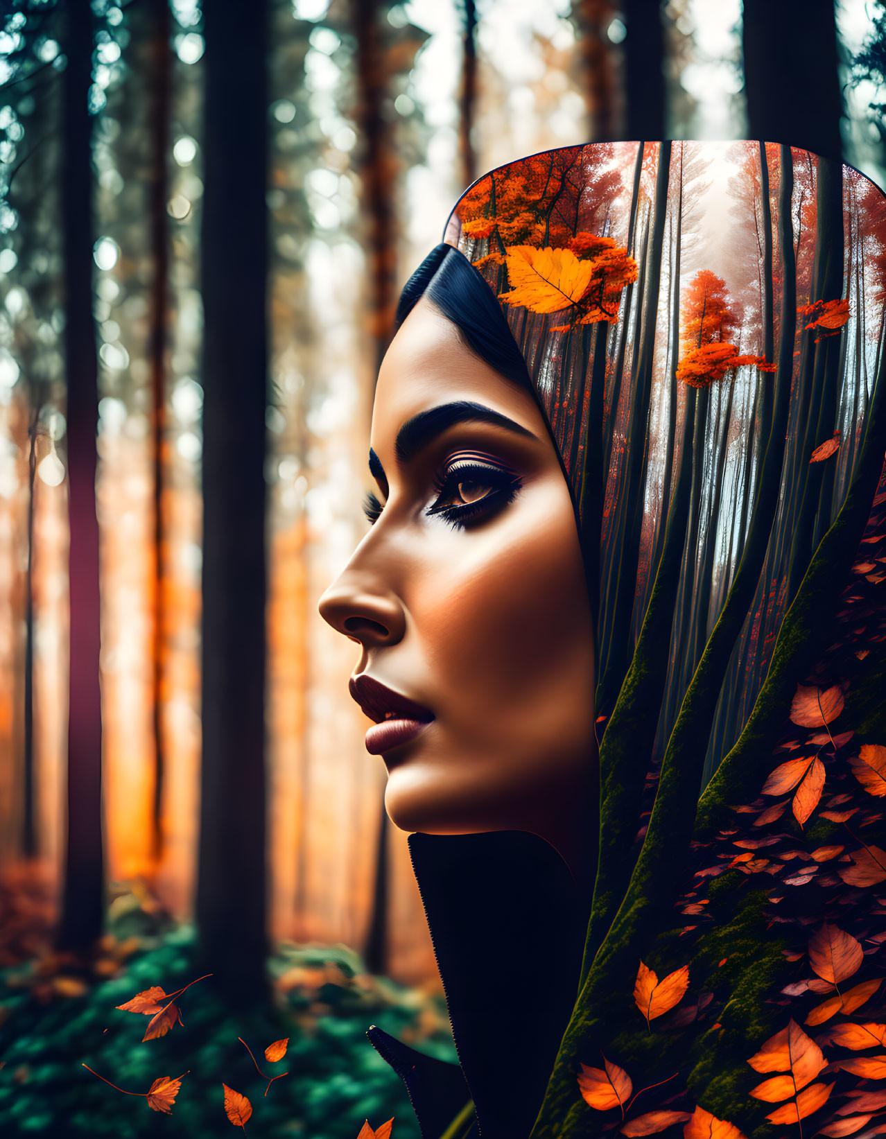 Digital artwork: Woman's profile blended with autumn leaves in forest backdrop