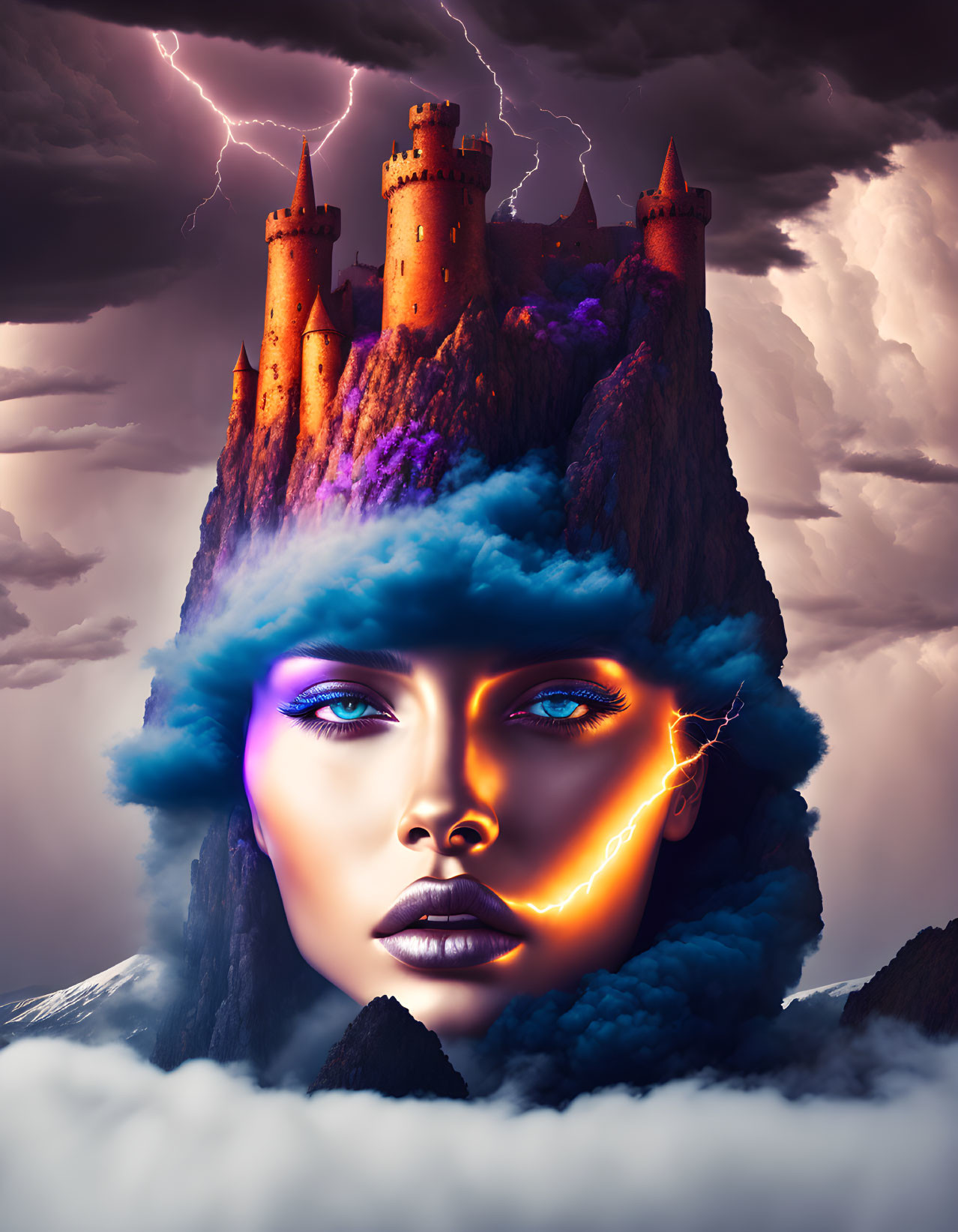 Surreal artwork of woman's face with vivid makeup in cloudy landscape