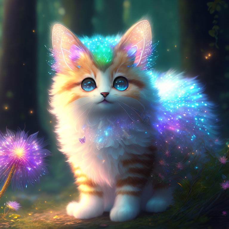 Illustrated fluffy kitten with luminous blue eyes in mystical forest glade