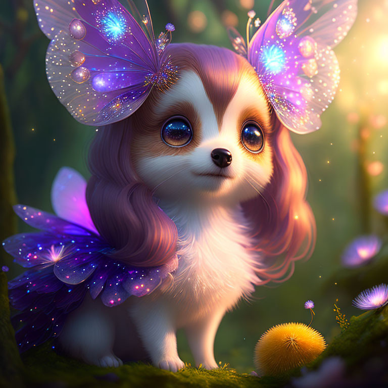 Whimsical puppy with purple butterfly wings in magical forest