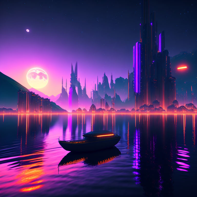 Futuristic cityscape with neon-lit skyscrapers, dual moons, and serene waters.