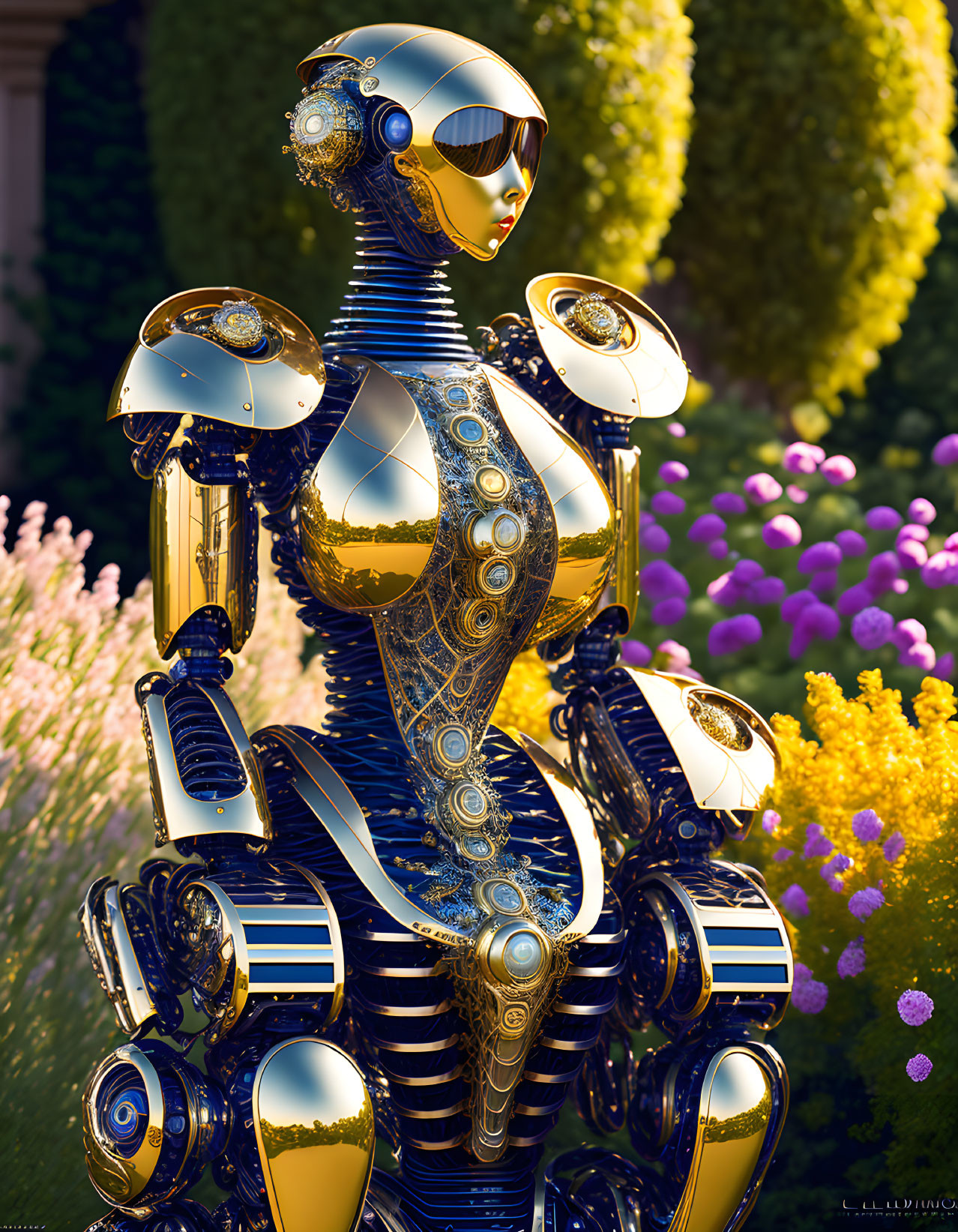 Detailed humanoid robot with gold and blue designs in vibrant garden scenery