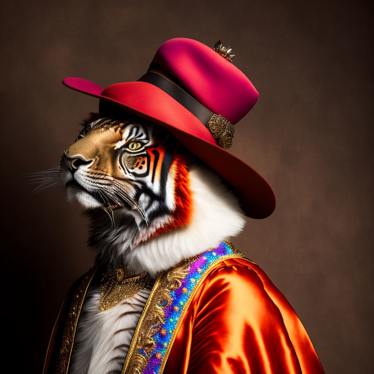 Majestic tiger in red hat and orange jacket on brown background