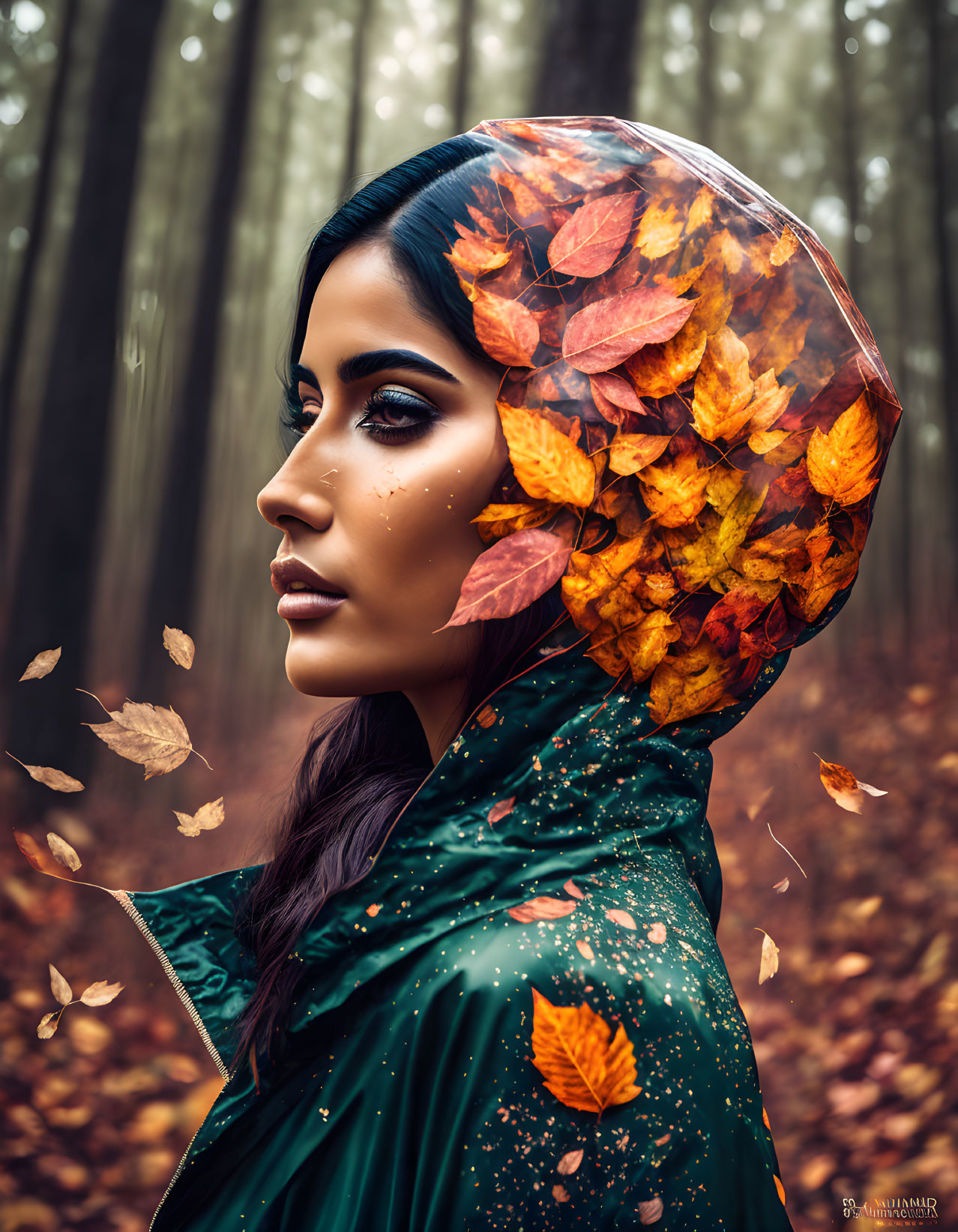 Woman in autumn leaf headscarf standing in fall forest with falling leaves.