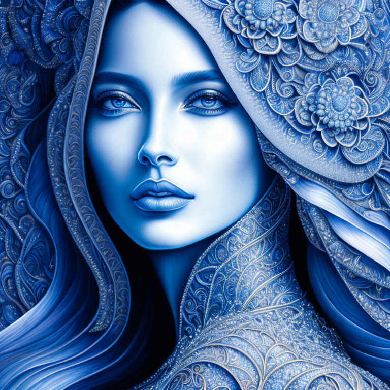 Detailed Blue-Toned Woman Illustration with Floral Patterns