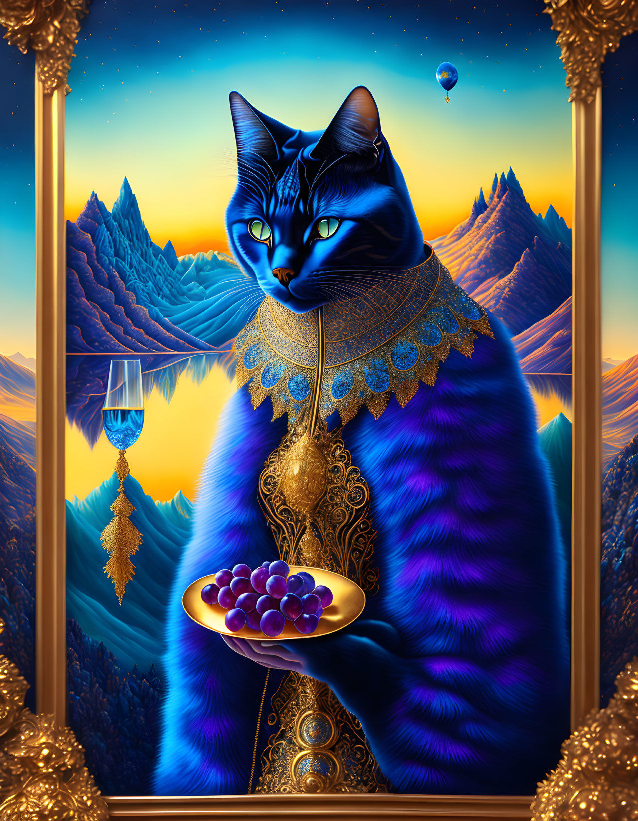 Blue anthropomorphic cat in golden attire with grapes in fantasy landscape