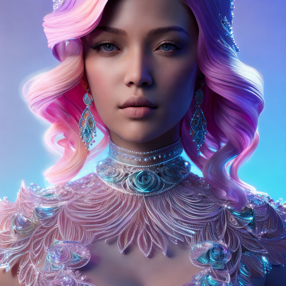 Detailed Digital Artwork: Woman with Pink and Blue Flowing Hair and Ornate Jewelry