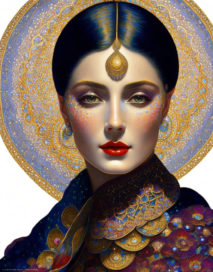 Digital artwork: Woman with ornate headdress, blue-black hair, red lips, gold jewel,