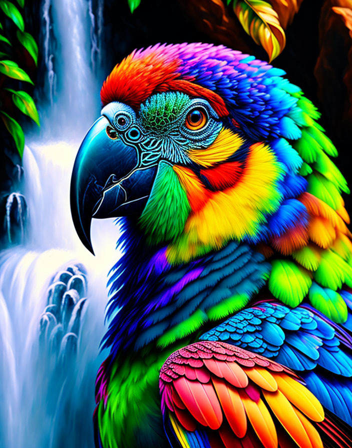 Colorful Parrot Close-Up with Blurred Waterfall Background