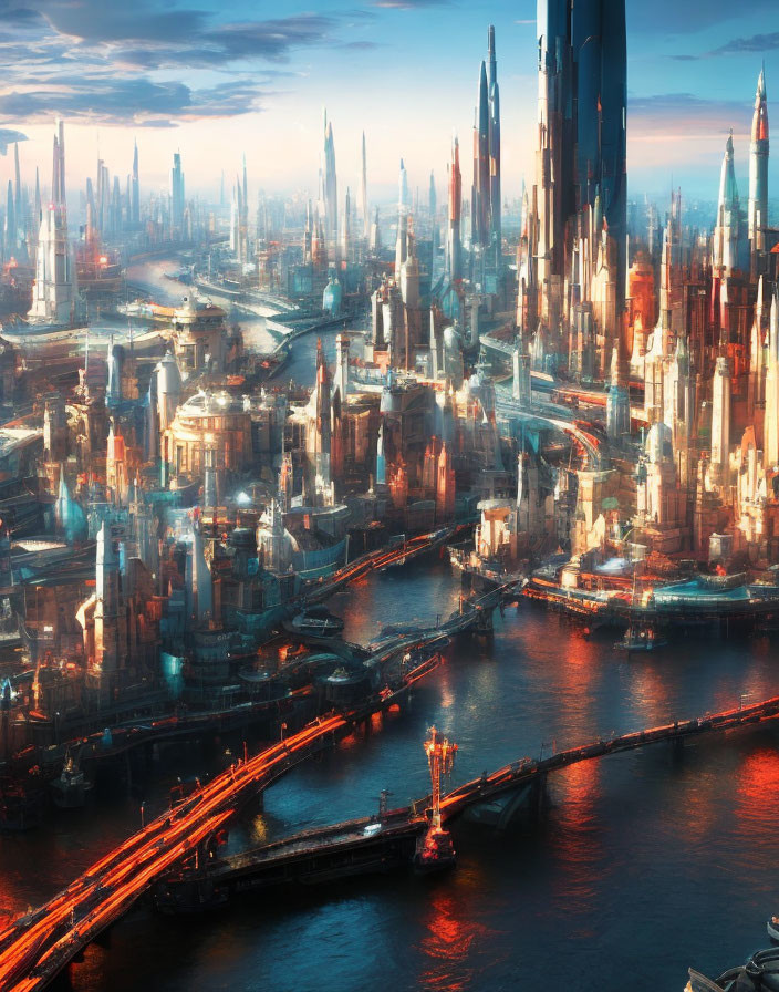 Futuristic cityscape at dawn: skyscrapers, glowing river, busy traffic