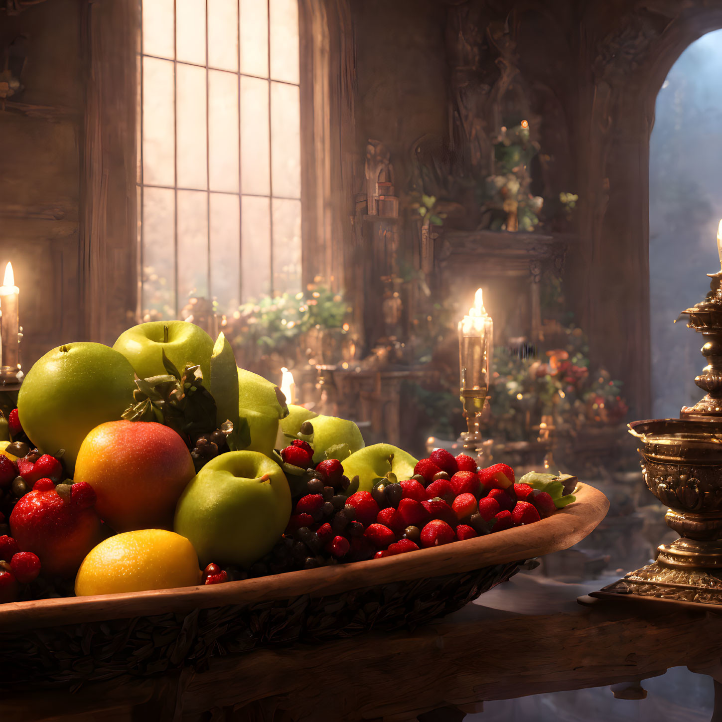 Luxurious Fruit Bowl with Apples, Berries, and Lemon in Grand Renaissance Room