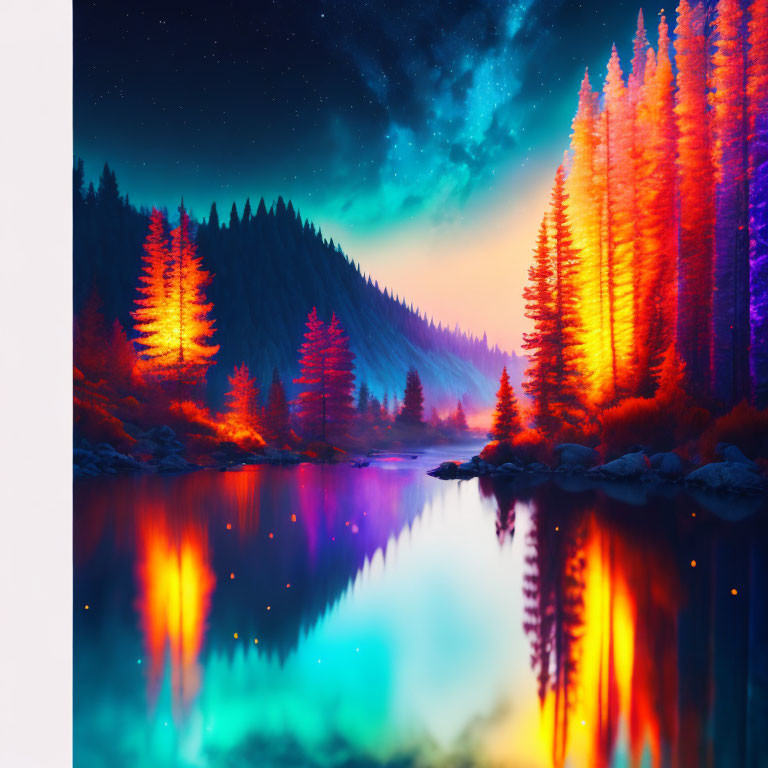 Colorful night landscape: orange and purple trees, starry sky, serene lake.