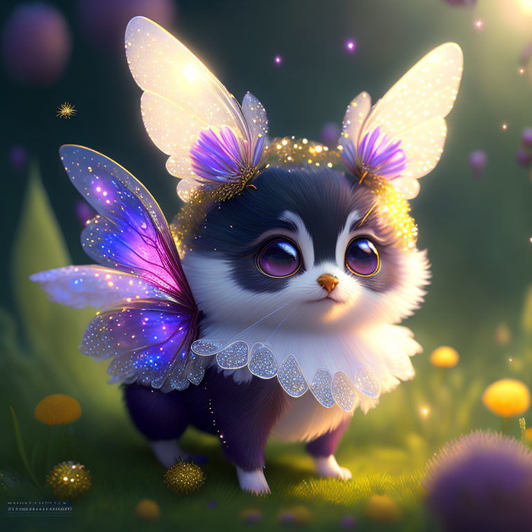 Whimsical illustration of fluffy kitten with butterfly wings