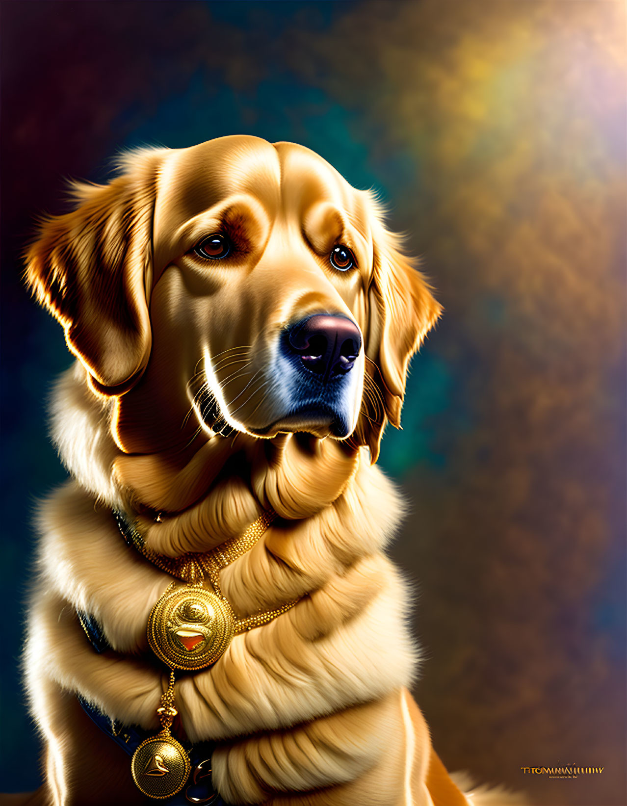 Golden Retriever with glossy coat and medallion in warm bokeh lights