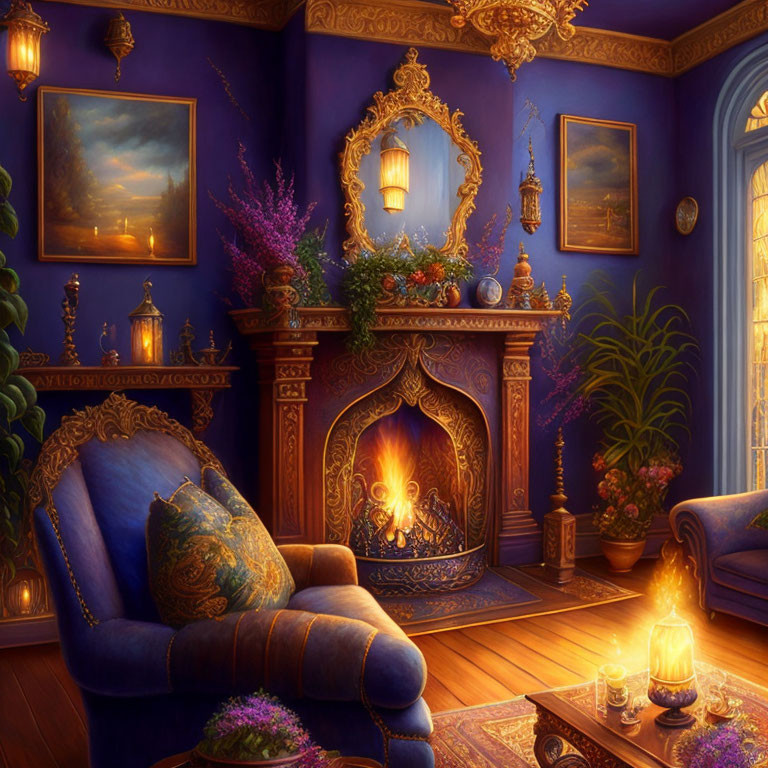 Luxurious Room with Fireplace, Armchairs, Artworks, and Flowers