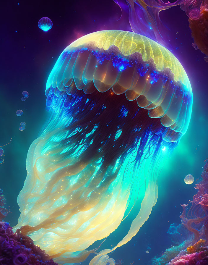 Neon Jellyfish in Cosmic Underwater Scene