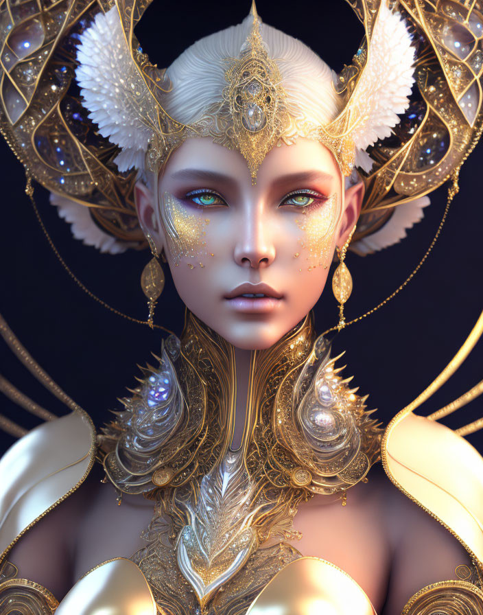 Fantasy portrait: Woman in golden headgear and armor on dark background