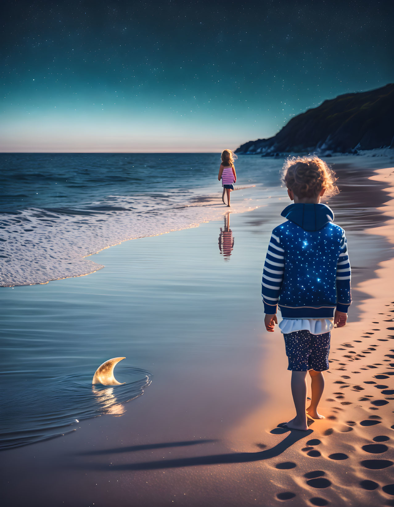 Children in starry sweater and twilight beach with crescent moon.