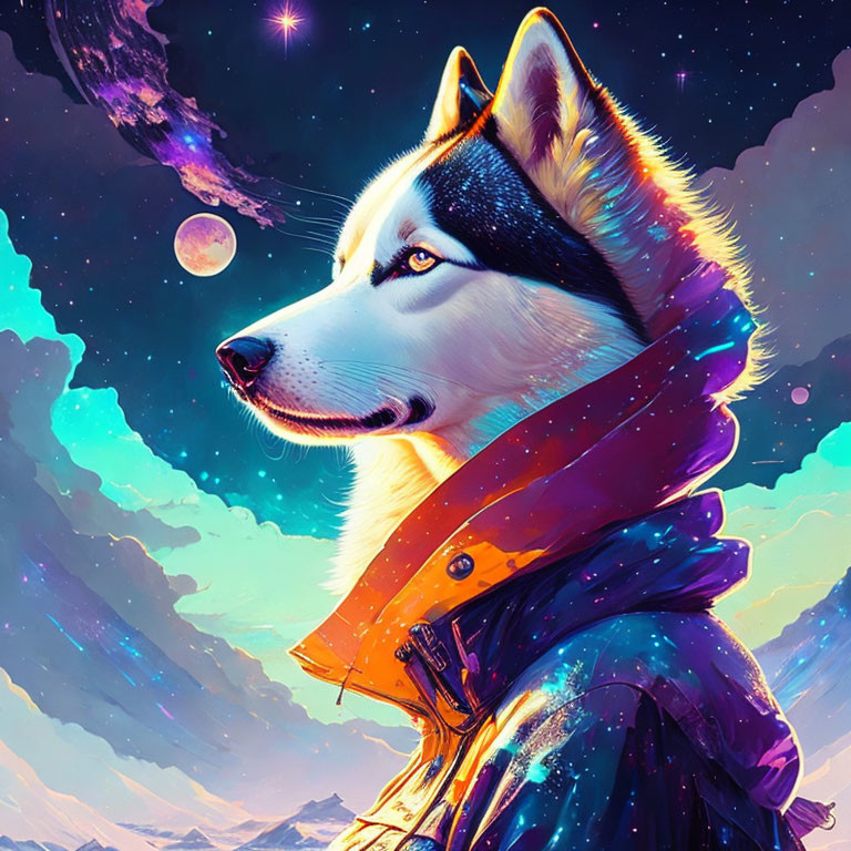 Siberian Husky portrait in cosmic space suit with starry sky.