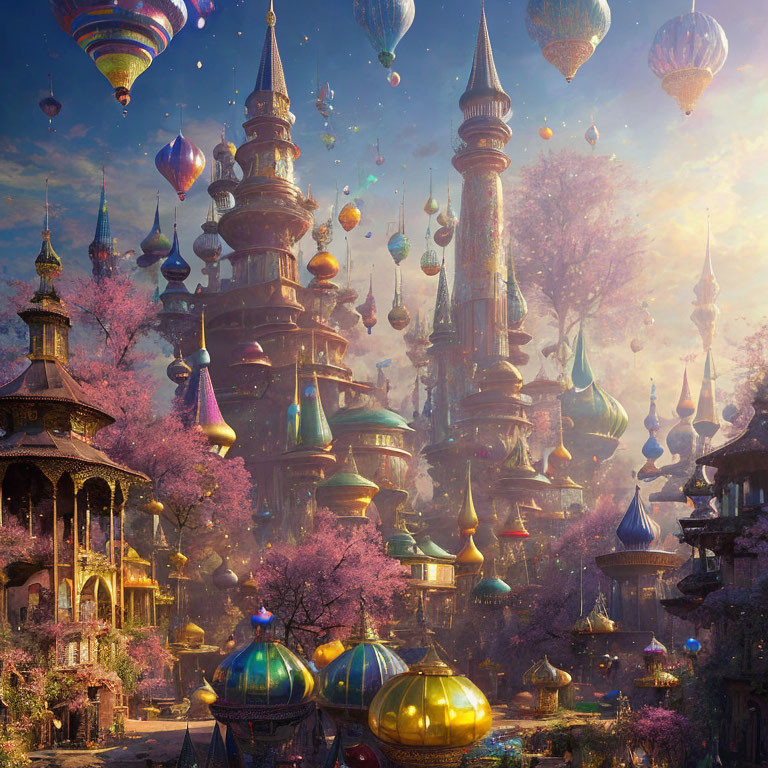 Fantastical cityscape with ornate towers and colorful hot air balloons.