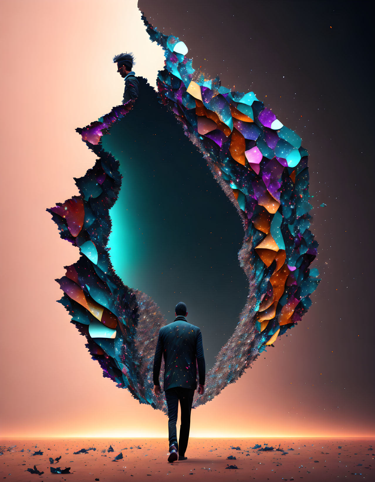 Man in suit stands before surreal tear in space with colorful crystal edges.