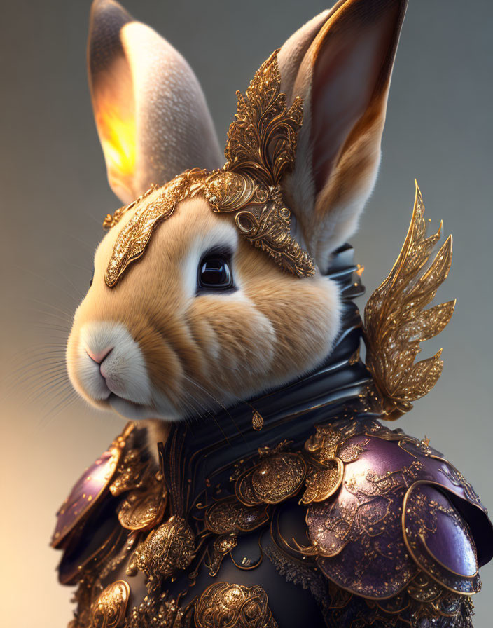 Regal rabbit in ornate golden armor with intricate patterns