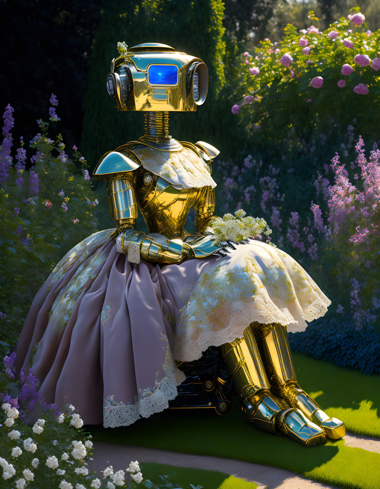 Golden robot in Victorian dress with flower bouquet in lush garden