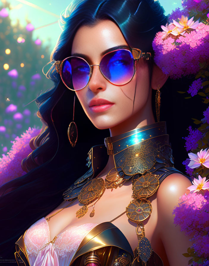 Digital artwork featuring woman in blue sunglasses and gold jewelry amidst pink flowers