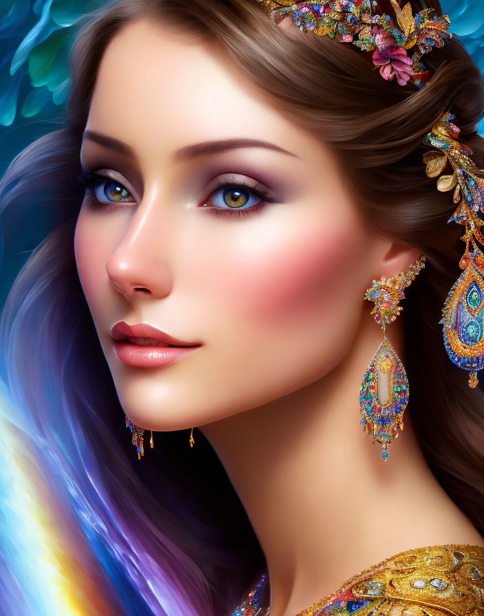 Colorful jewelry woman digital art on blue background