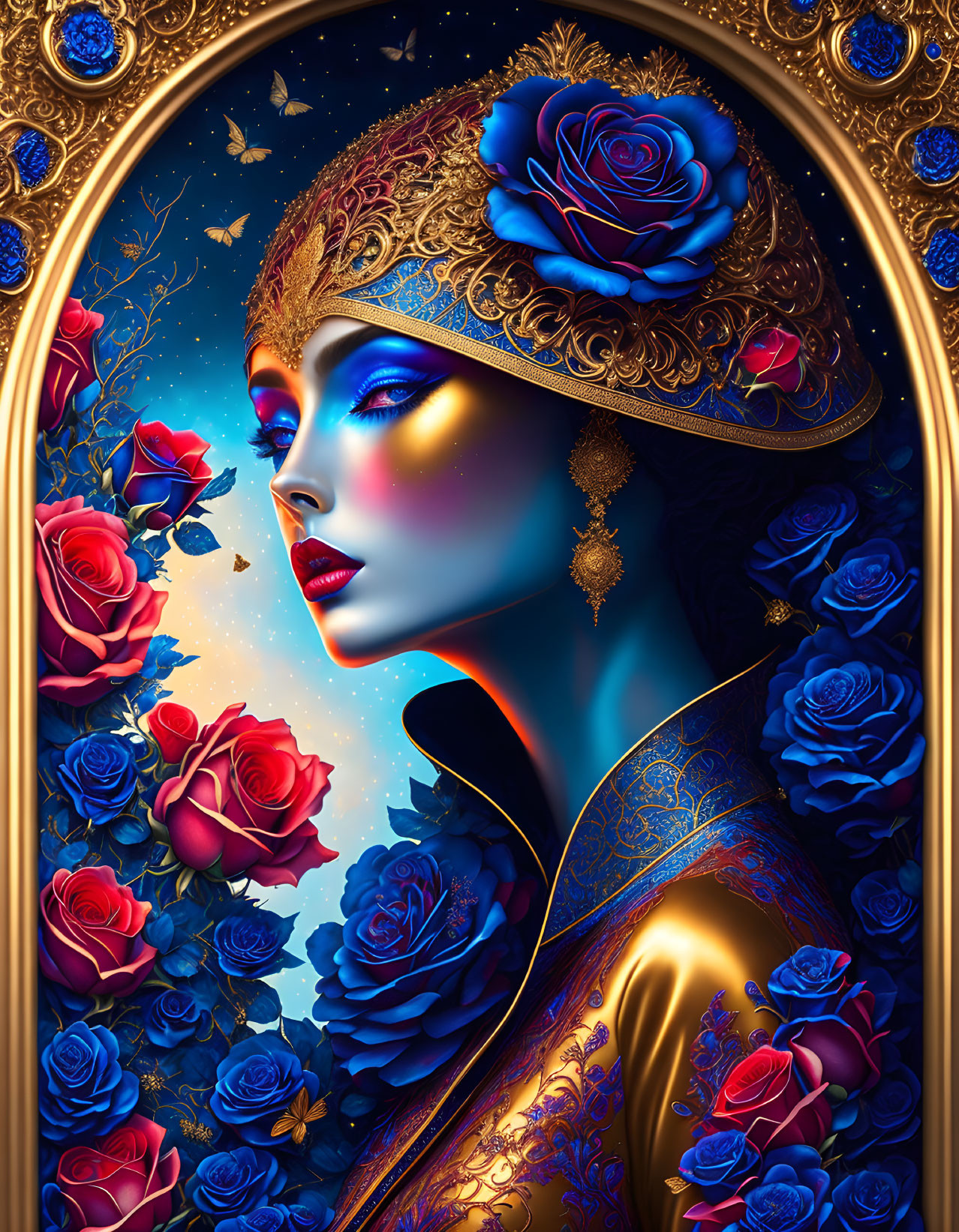 Colorful digital artwork of woman in gold attire with roses in golden frame