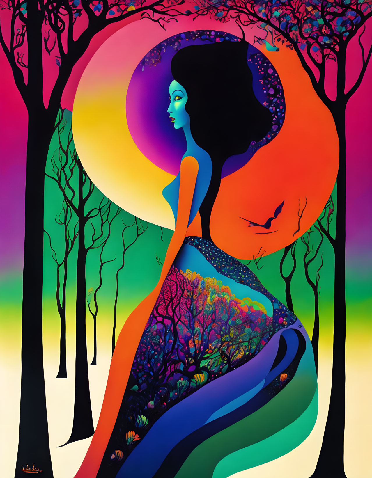 Colorful Stylized Painting: Female Figure in Nature Scene