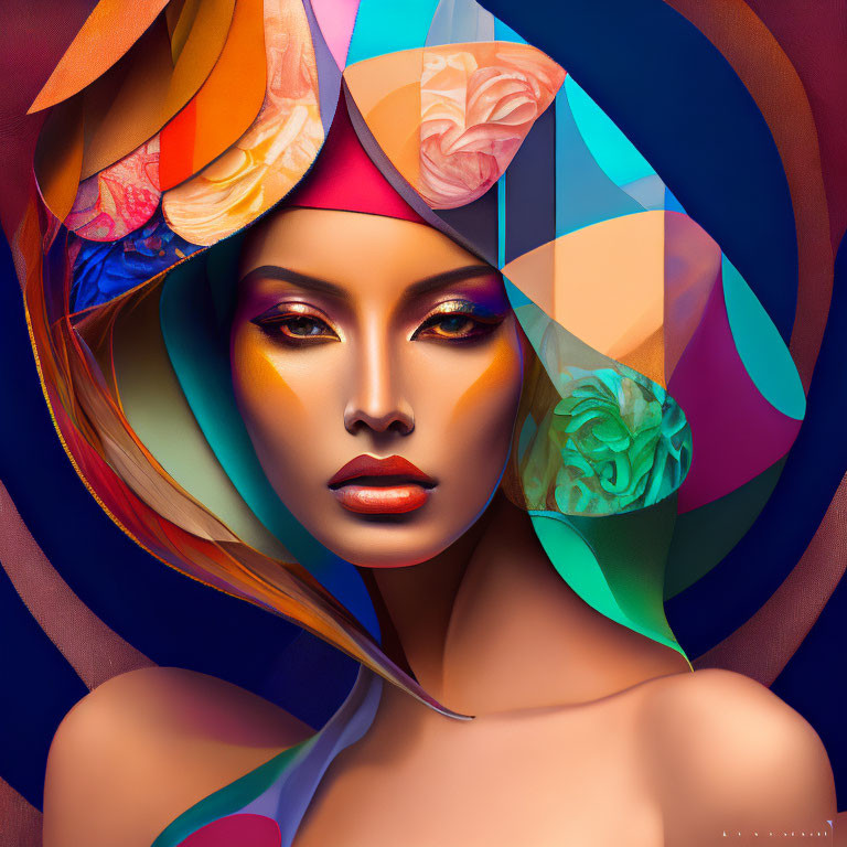 Colorful Abstract Headdress Digital Art of Woman's Face