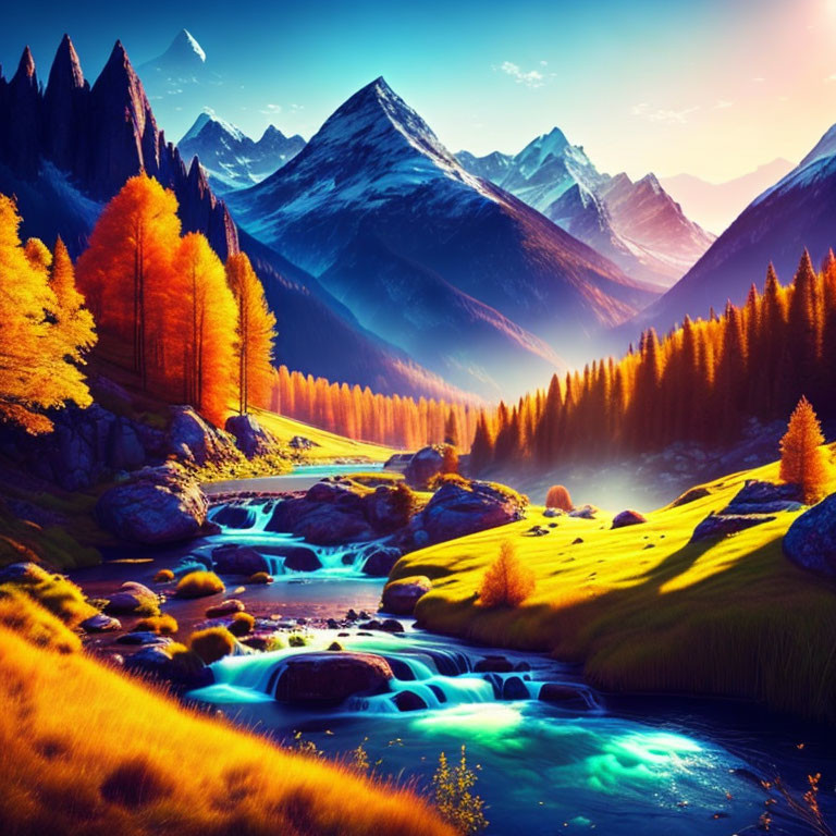 Scenic landscape: river, autumn forests, sunset, mountains