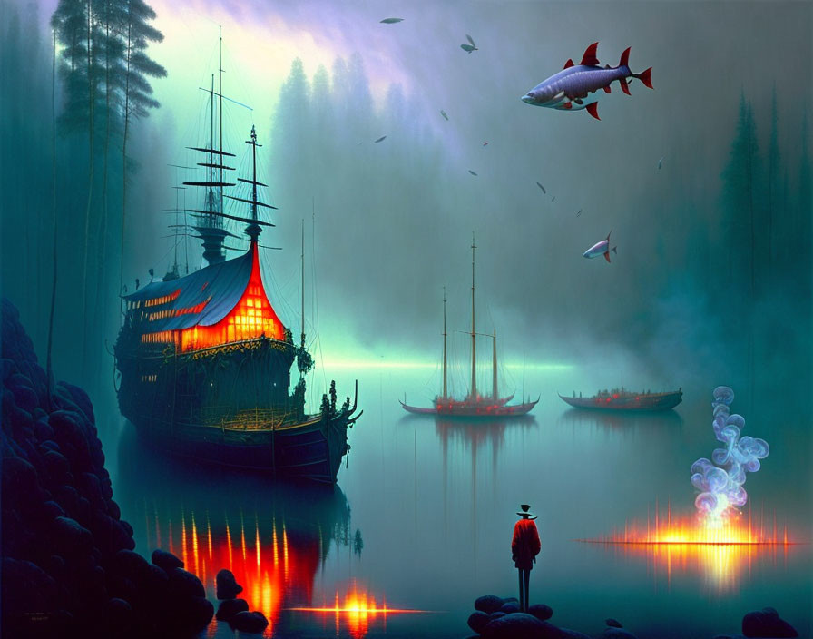 Mystical illuminated ships on calm waters with flying fish in misty forest ambiance