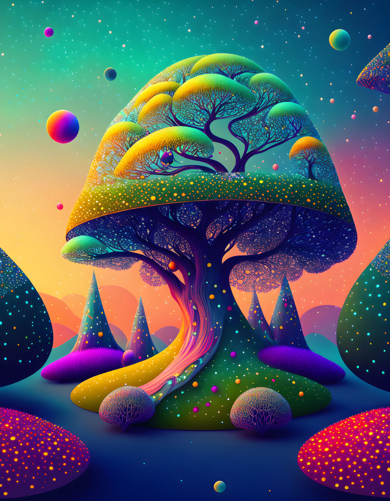 Colorful Tree-Like Entity in Fantastical Landscape