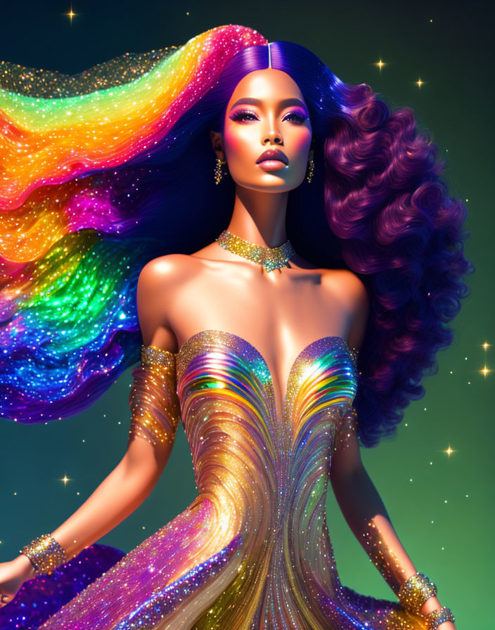 Colorful woman with flowing hair in gold dress against starry backdrop