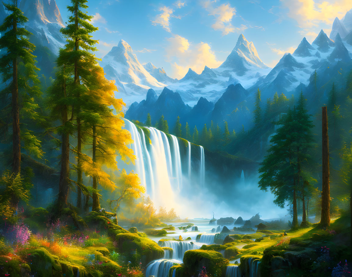 Majestic waterfall, lush forests, snow-capped peaks in warm sunlight