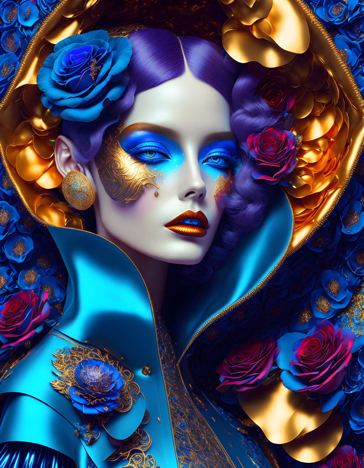 Vibrant digital artwork of a woman with blue skin and gold jewelry