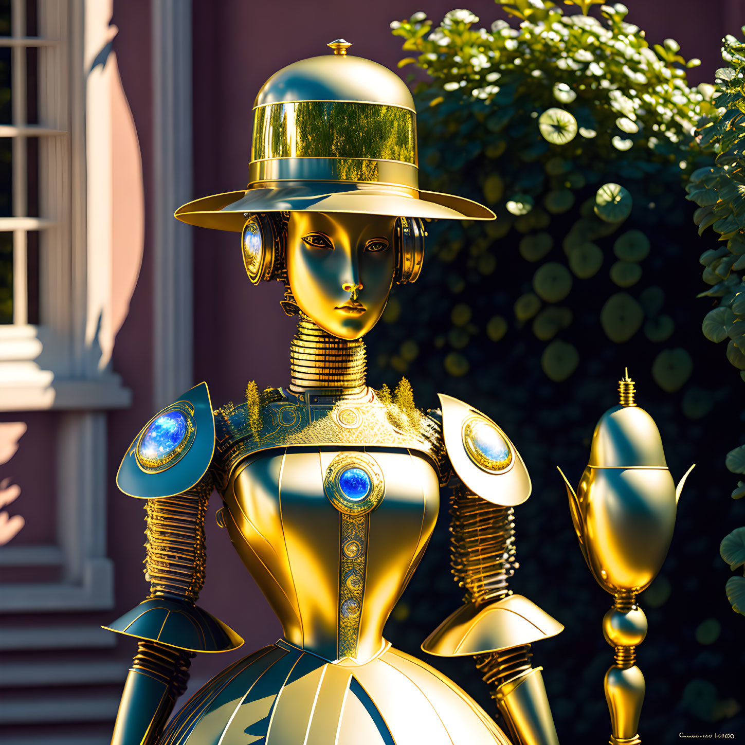 Golden Steampunk Robot with Victorian Details Beside Bush