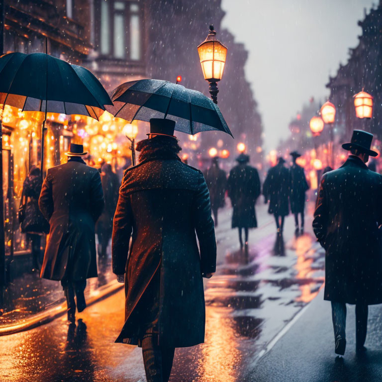 Pedestrians with umbrellas on rainy evening street with vintage lamps.