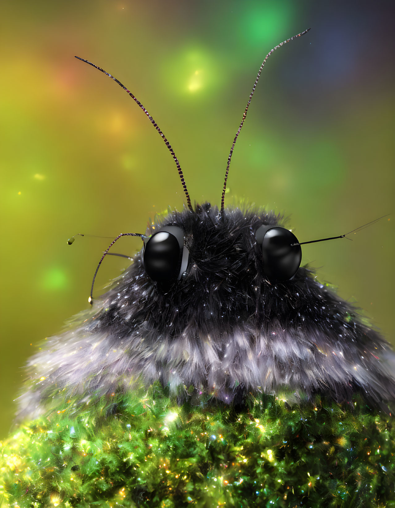 Detailed Close-Up of Fuzzy Insect Head with Large Eyes & Antennae