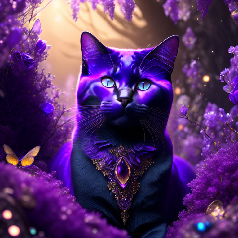 Vibrant Purple Cat with Jewelry in Fantasy Art